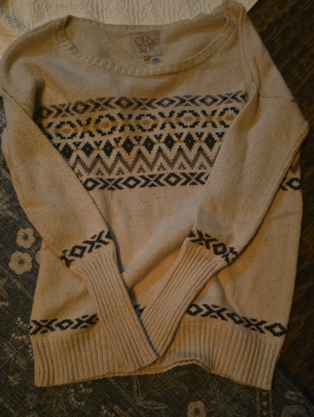 Chaser Woman Cream Fair Isle Knit Sweater MED